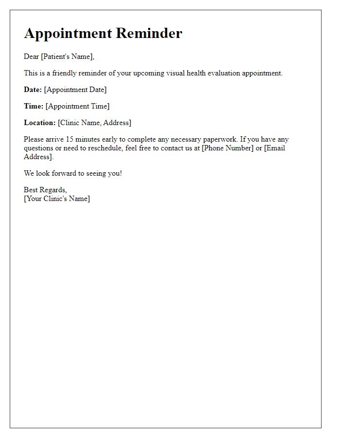 Letter template of visual health evaluation appointment reminder