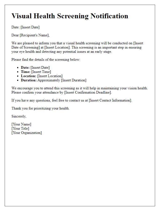 Letter template of visual health screening notification