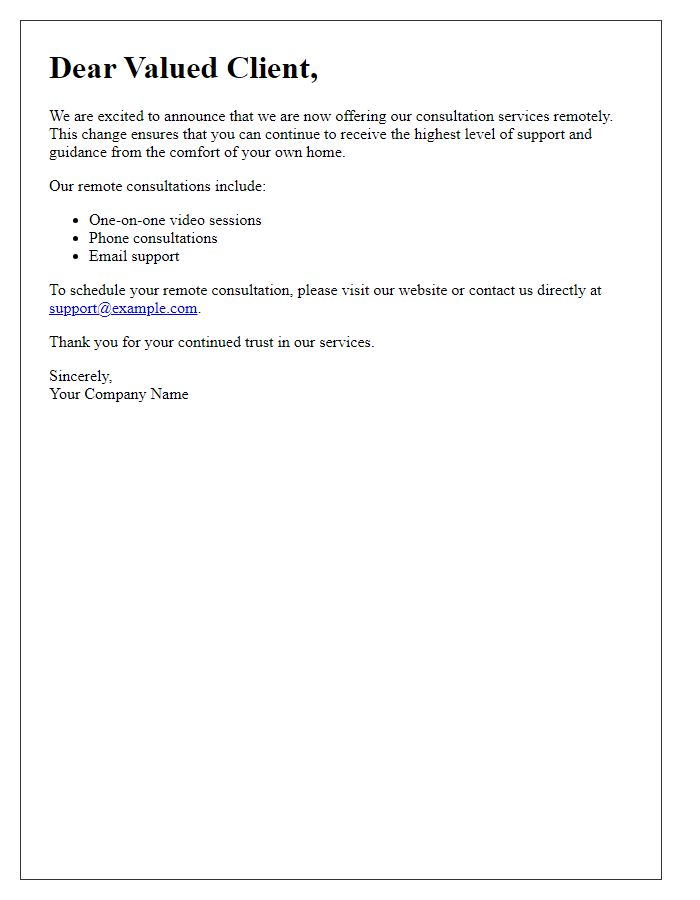 Letter template of Consultation Services Now Offered Remotely