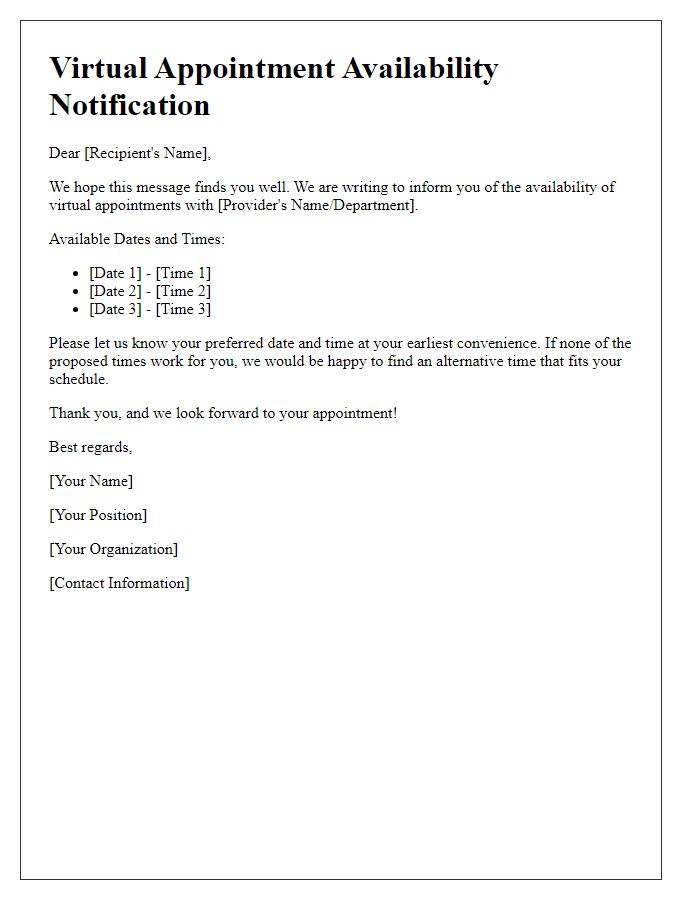 Letter template of Virtual Appointment Availability Notification