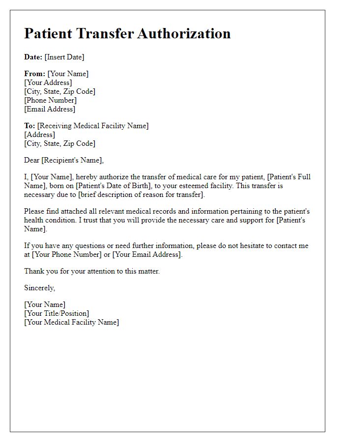 Letter template of patient transfer authorization for medical care