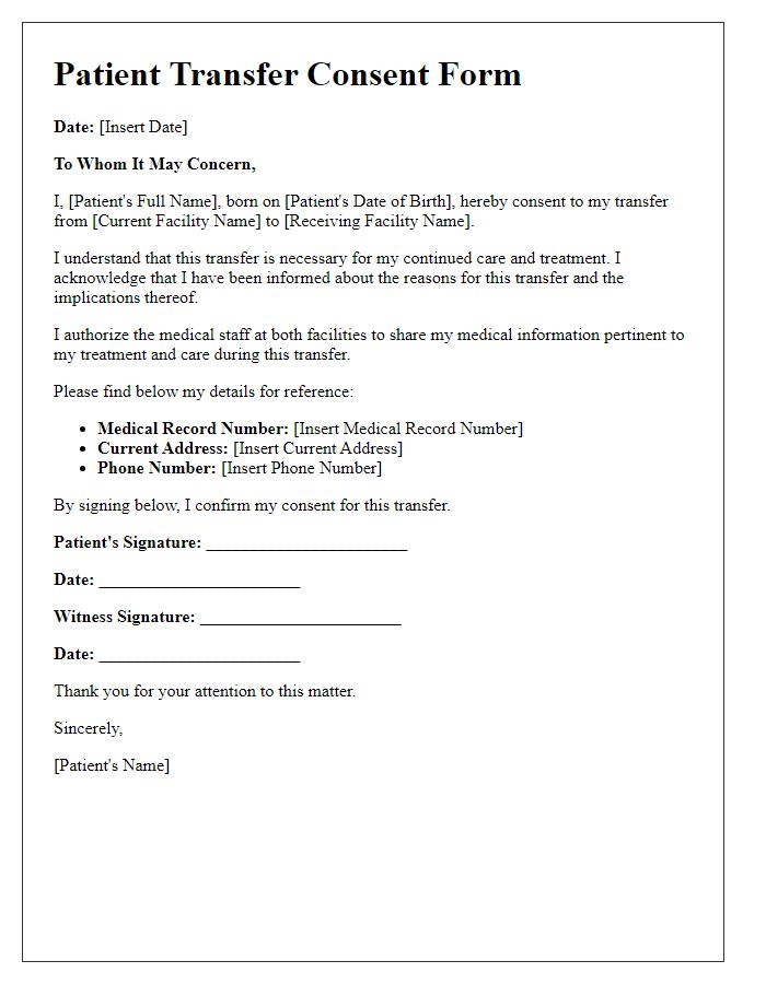 Letter template of patient transfer consent form for legal purposes