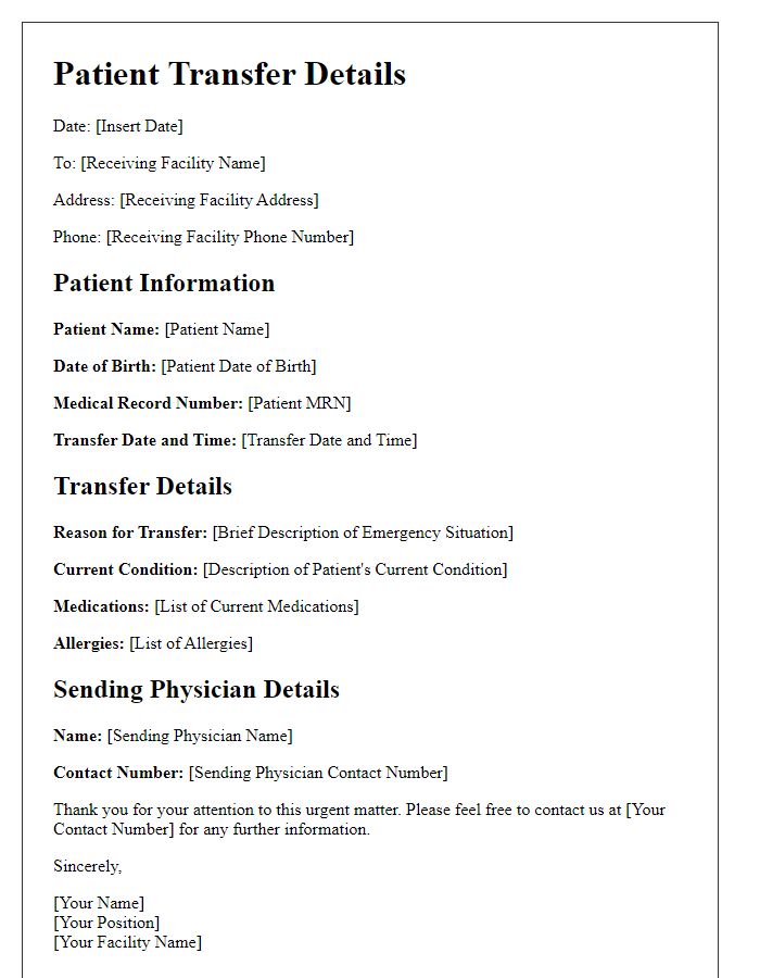 Letter template of patient transfer details for emergency situation