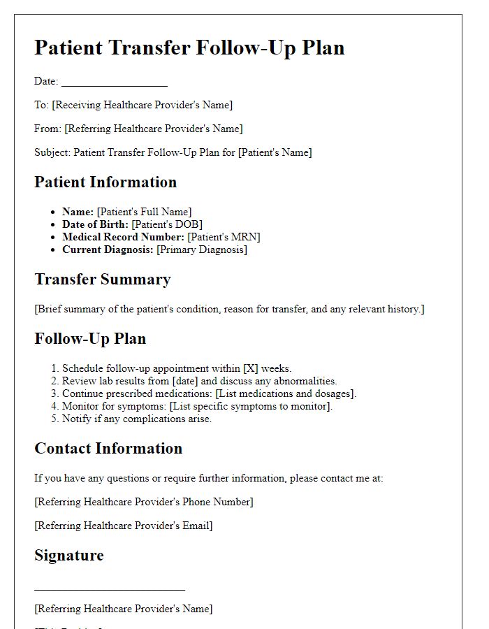 Letter template of patient transfer follow-up plan for continuity of care