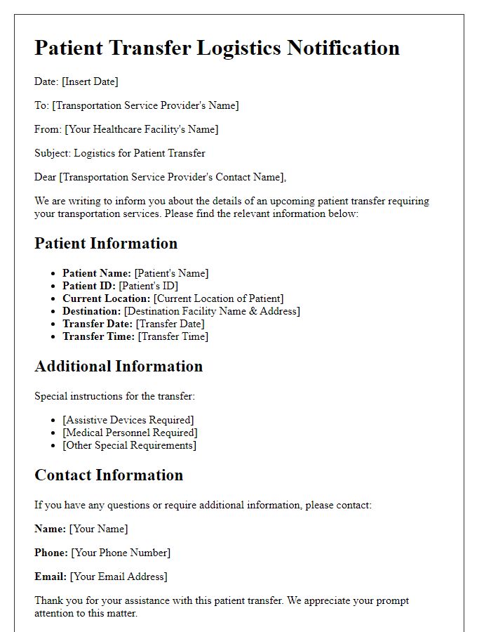 Letter template of patient transfer logistics for transportation services