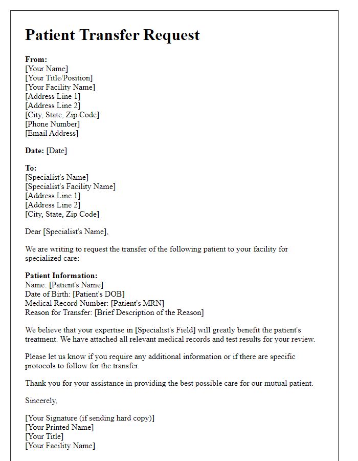 Letter template of patient transfer request to specialist facility