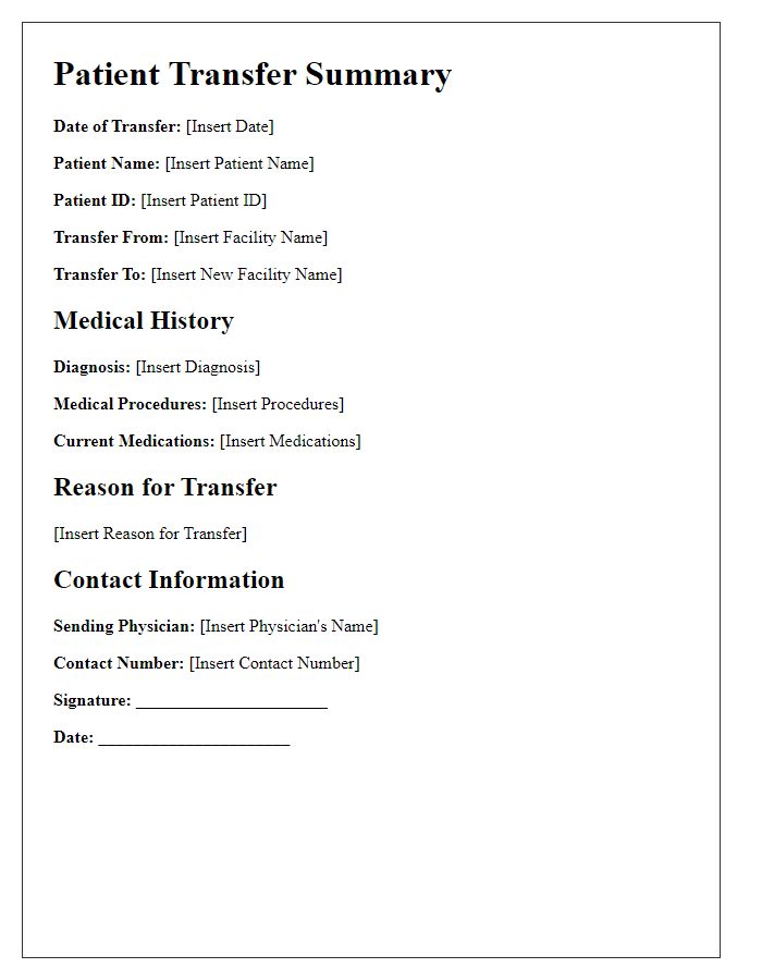 Letter template of patient transfer summary for medical records