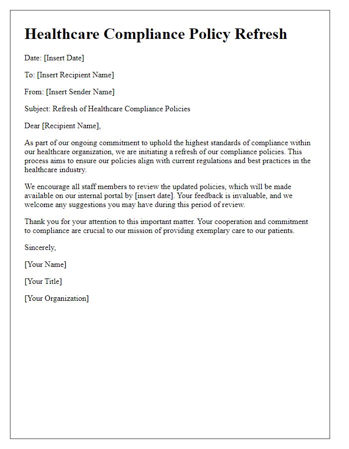 Letter template of healthcare compliance policy refresh