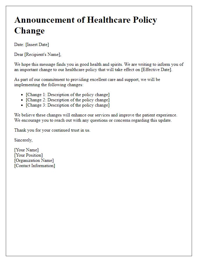 Letter template of healthcare policy change announcement