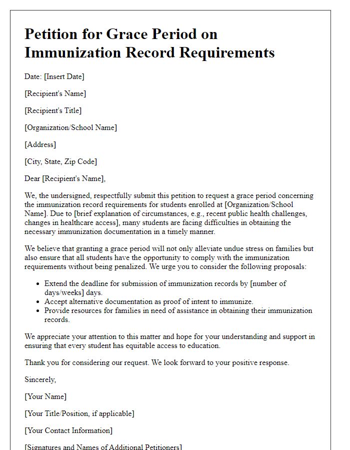 Letter template of petition for grace period on immunization record requirements