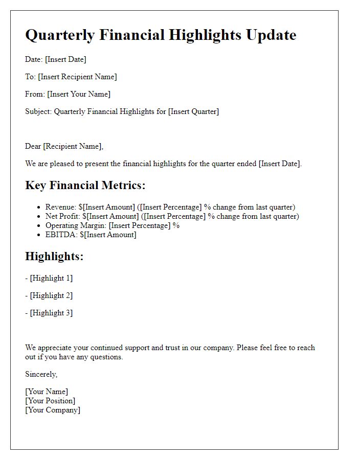 Letter template of quarterly financial highlights update