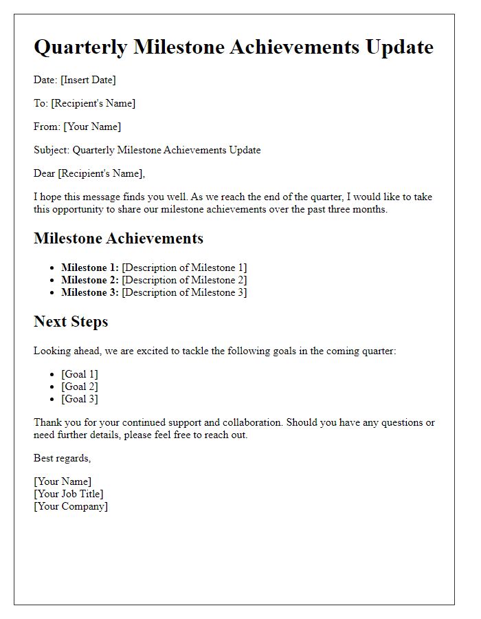 Letter template of quarterly milestone achievements update