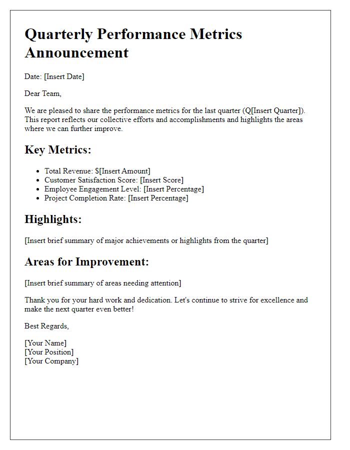 Letter template of quarterly performance metrics announcement