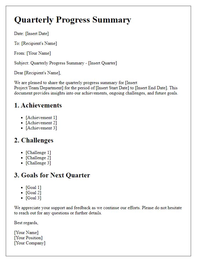 Letter template of quarterly progress summary distribution