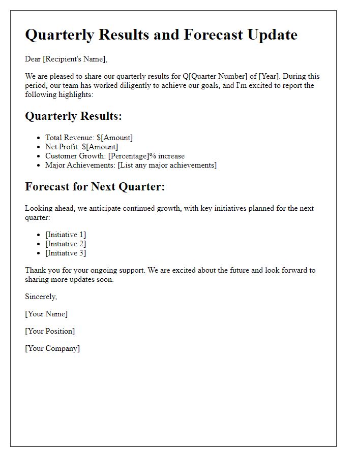 Letter template of quarterly results and forecast sharing