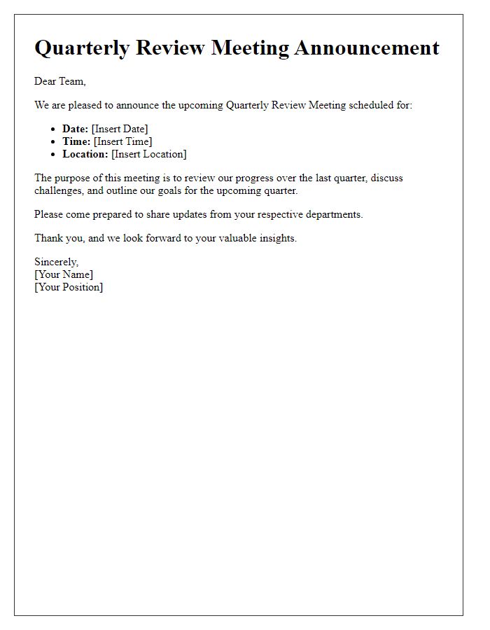 Letter template of quarterly review meeting announcement