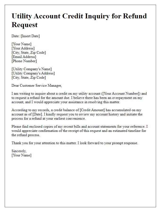 Letter template of utility account credit inquiry for refund request