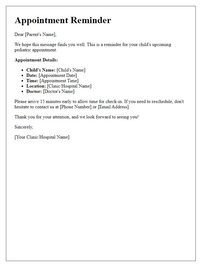 Letter template of pediatric appointment reminder for parents