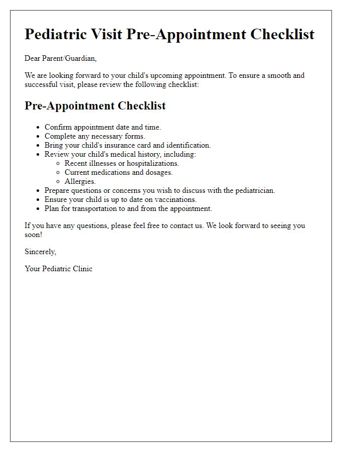 Letter template of pre-appointment checklist for pediatric visit