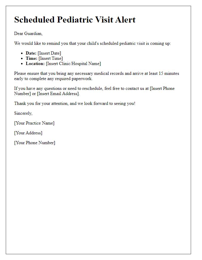 Letter template of scheduled pediatric visit alert for guardians