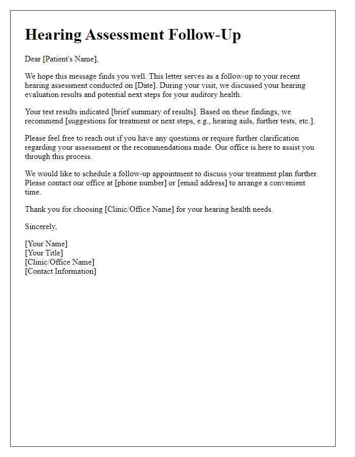 Letter template of hearing assessment follow-up for adult patients.