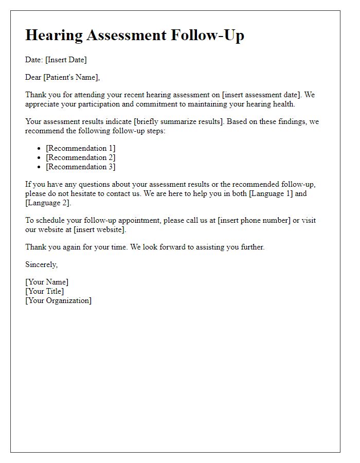 Letter template of hearing assessment follow-up for bilingual patients.