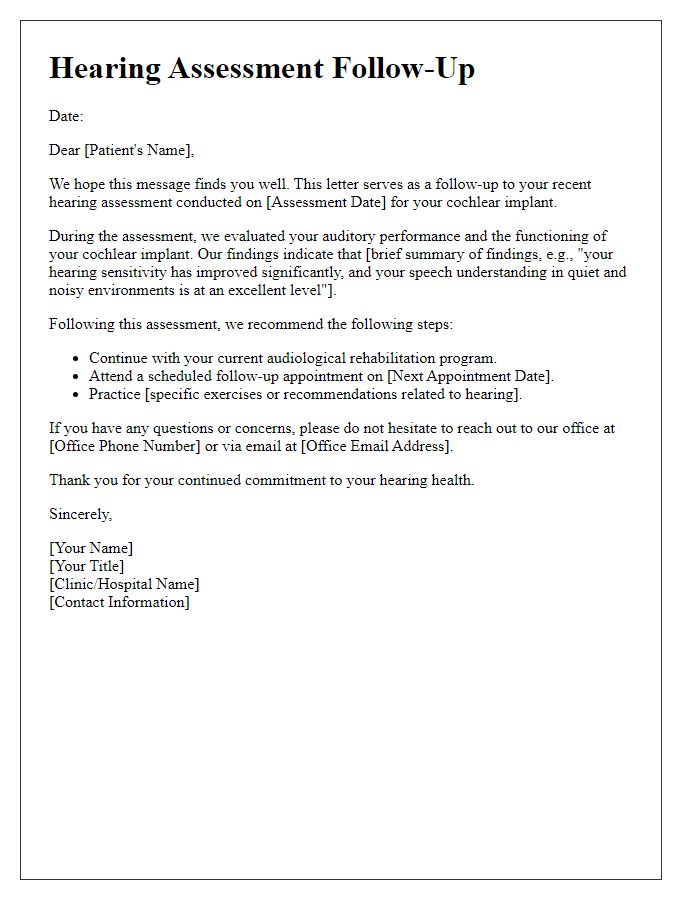 Letter template of hearing assessment follow-up for cochlear implant recipients.