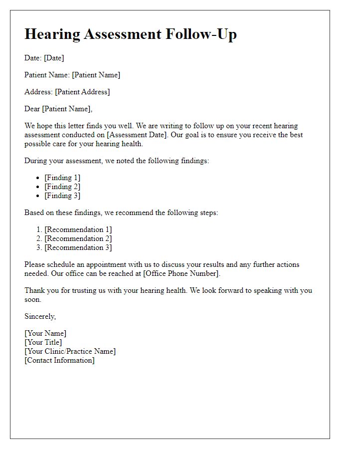 Letter template of hearing assessment follow-up for elderly patients.