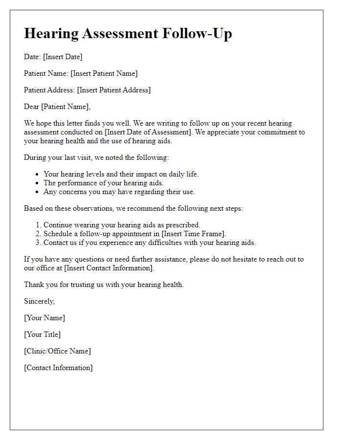 Letter template of hearing assessment follow-up for patients with hearing aids.