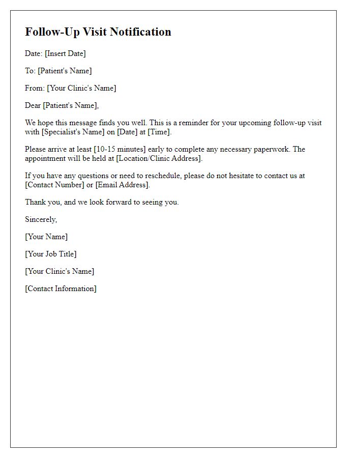 Letter template of follow-up visit notification for specialist