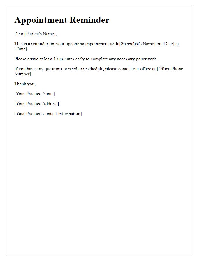 Letter template of specialist appointment reminder