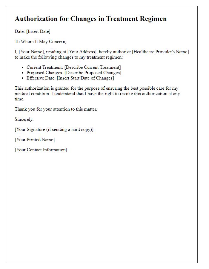 Letter template of authorization for changes in treatment regimen