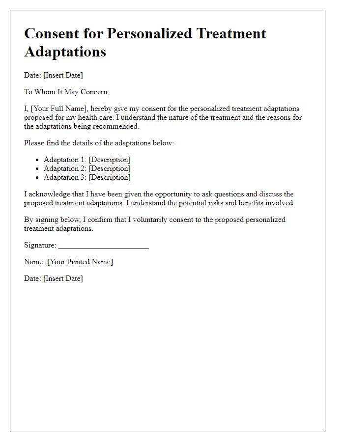 Letter template of consent for personalized treatment adaptations