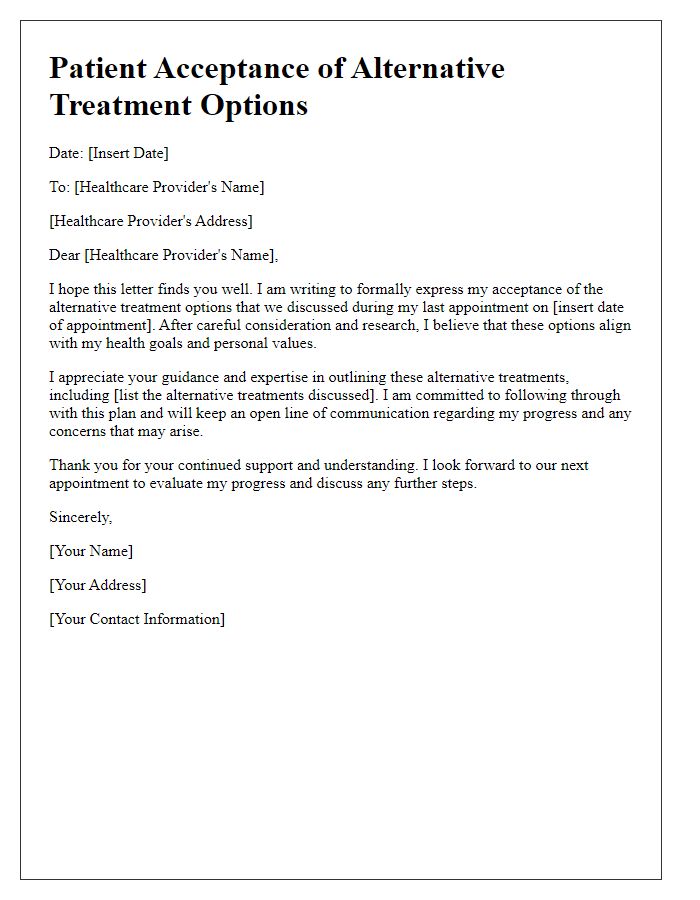 Letter template of patient acceptance of alternative treatment options