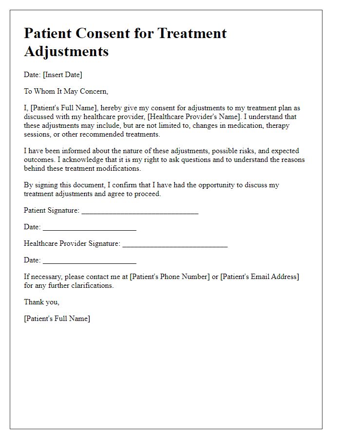 Letter template of patient consent for treatment adjustments