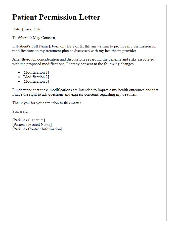 Letter template of patient permission for treatment modifications