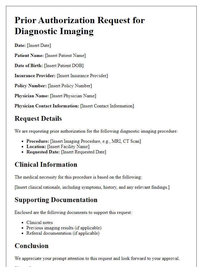 Letter template of prior authorization request for diagnostic imaging.