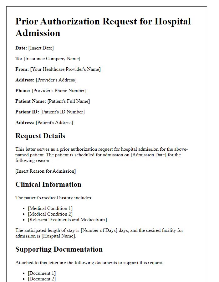 Letter template of prior authorization request for hospital admission.