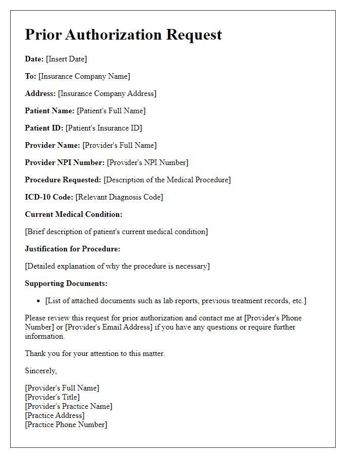 Letter template of prior authorization request for medical procedure.