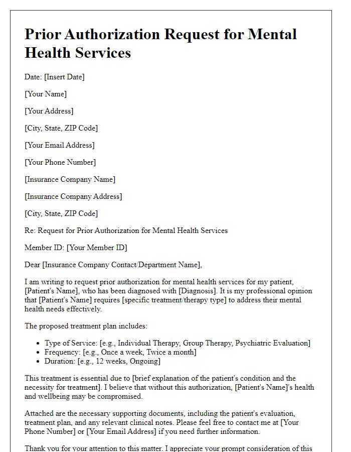 Letter template of prior authorization request for mental health services.