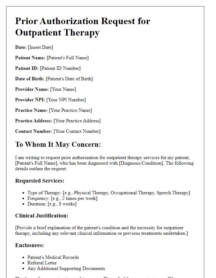 Letter template of prior authorization request for outpatient therapy.