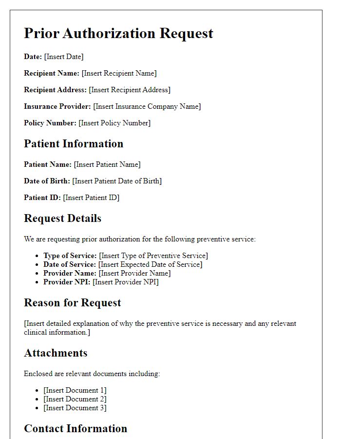 Letter template of prior authorization request for preventive services.