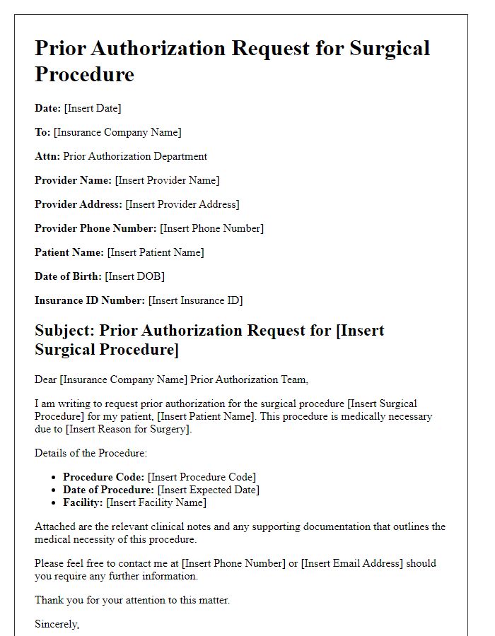 Letter template of prior authorization request for a surgical procedure.