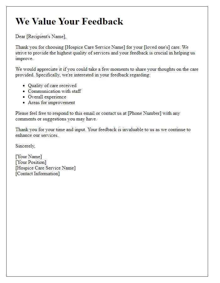 Letter template of hospice care services feedback request for improvement