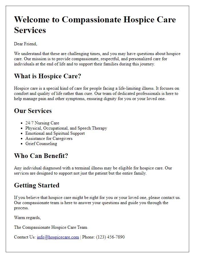 Letter template of hospice care services informational brochure