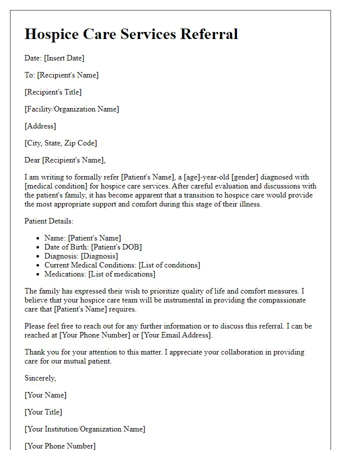 Letter template of hospice care services referral for medical professionals