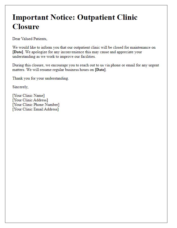 Letter template of outpatient clinic closure for maintenance.