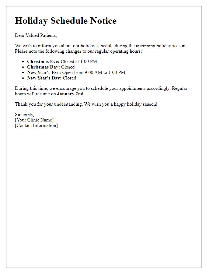 Letter template of outpatient clinic holiday schedule notice.