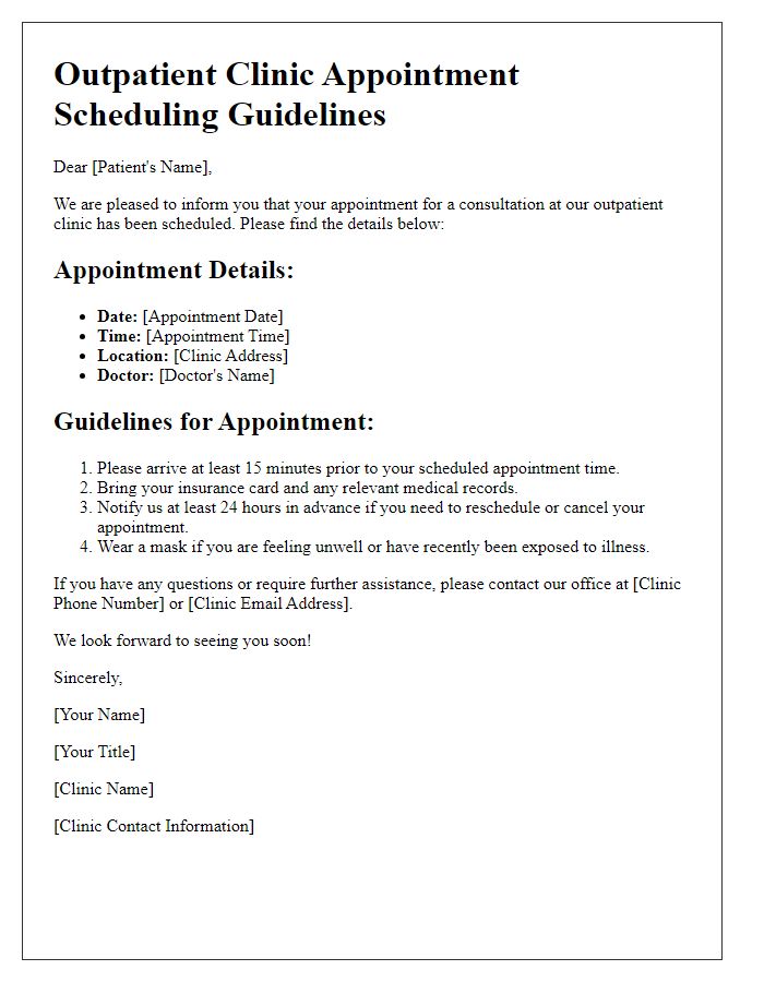 Letter template of outpatient clinic patient appointment scheduling guidelines.