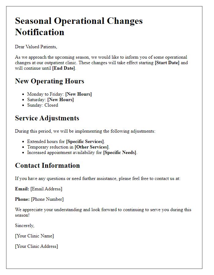 Letter template of outpatient clinic seasonal operational changes.